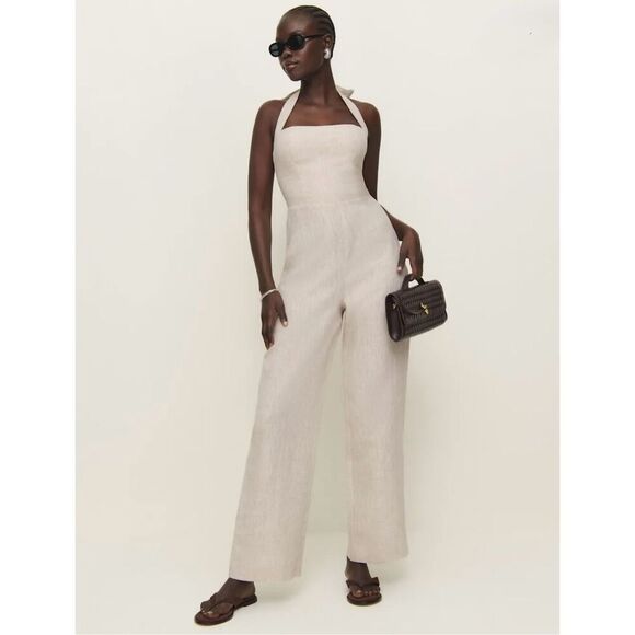 Malika oatmeal romper 100% linen never worn halter top sleeveless wide leg pant - Picture 2 of 6